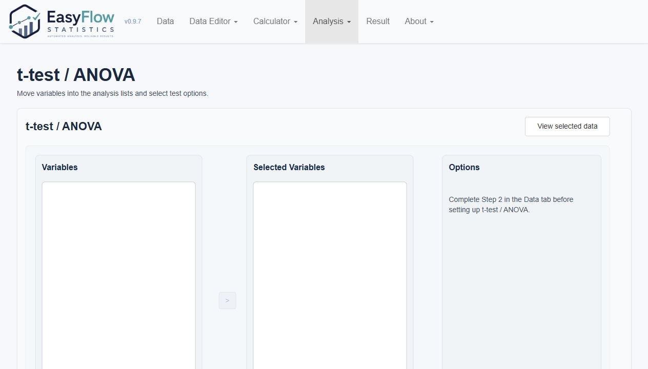 Analysis setup screen